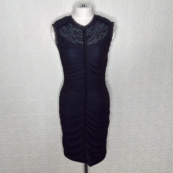 BCBGMAXAZRIA | Black & Green Mesh Black Mini Ruched Dress, Size M - Picture 3 of 12